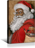 YONICA Christmas Canvas Wall Art Vintage Santa 12x16 Inch Retro Gift Bag with Toys - Large Framed Gallery Wrapped Traditional Decor