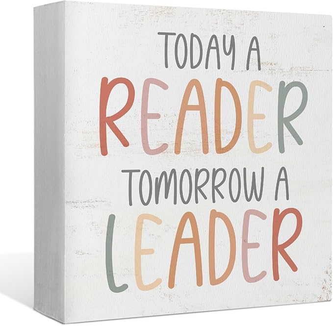 Nursery Today a Reader Tomorrow a Leader Wood Box Sign Desk Decor,Boho Reading Wooden Block Sign Decorations for Home Classroom Reading Nook Reading Room Wall Tabletop Shelf Decor