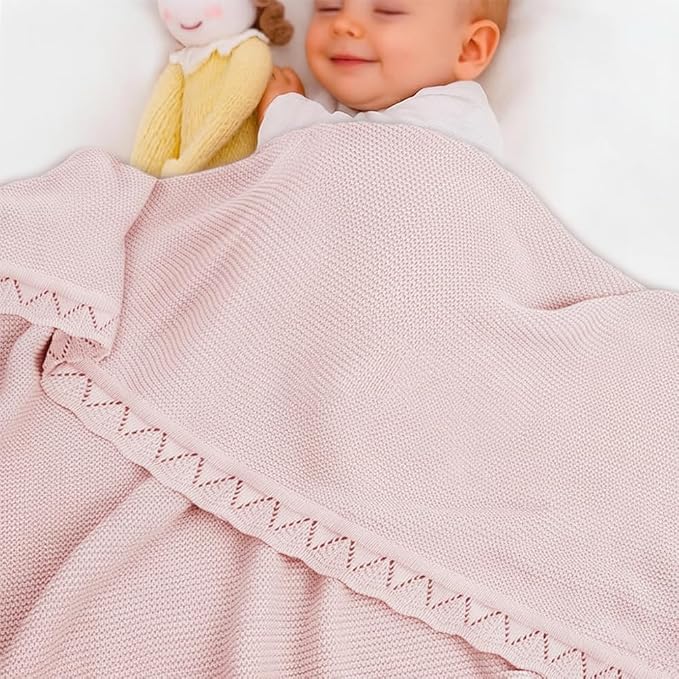 Baby Knit Blanket Soft Breathable Cotton Scallop Border Blankets Newborn Knitted Blanket Swaddle Blankets Gifts for Baby Newborn Toddler Shower Boy Girl New Mom Birthday Christmas Pink 30x30