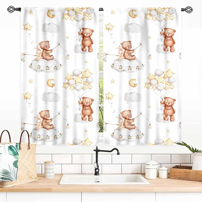 Cartoon Bear Curtains, Kids Boys Girls Cute Lovely Bear Star Cloud Ballon Pastel Window for Baby Living Room Bedroom Nursey Toddler Classroom 2 Panels, 55x39 Inch