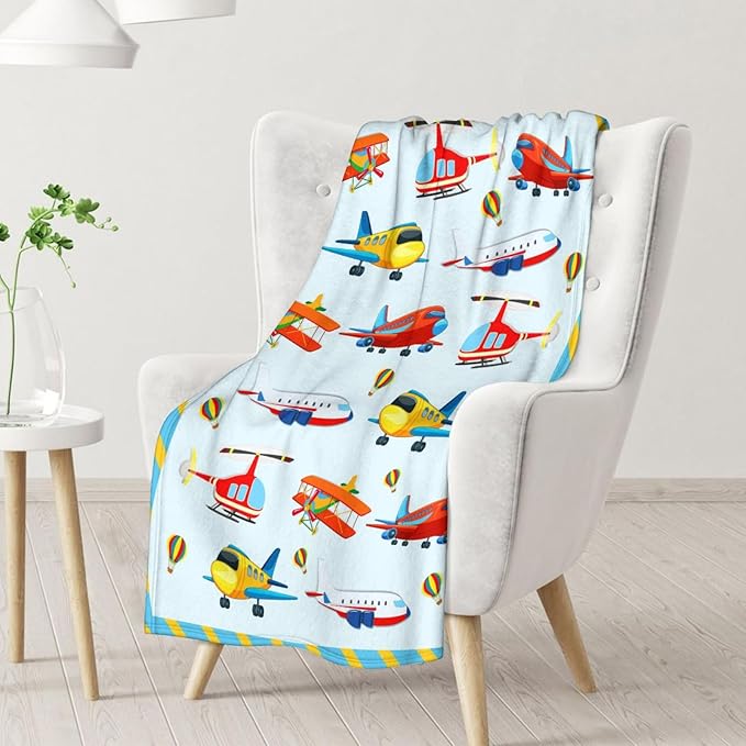Cute Throw Blanket for Adults - 60" x 80" Inches Airplane Throw Gifts for Boys - Blue Warm Cozy Aircraft Blanket for Bed, Couch, Travel
