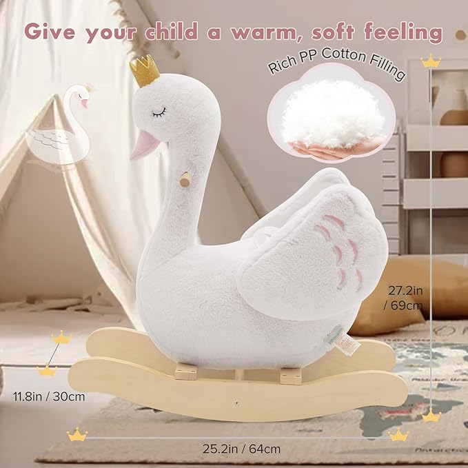 labebe Kids Rocking Horse White Swan, Stuffed Animal Wooden Rocker for Children 6 Months Boys and Girls/Nursery Christmas, Birthday Gift (Rocking Swan)
