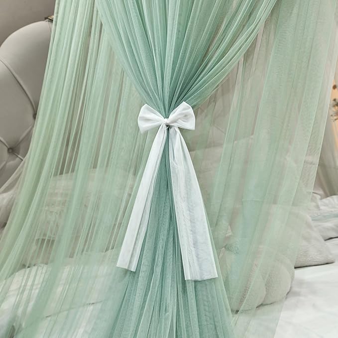 AIKASY Princess Bed Canopy for Girls – Double Layer Sheer Mesh Dome with Romantic Lace Trim, Dreamy Mosquito Net Tent for Twin/Full/Queen/King Beds(Mint Green)