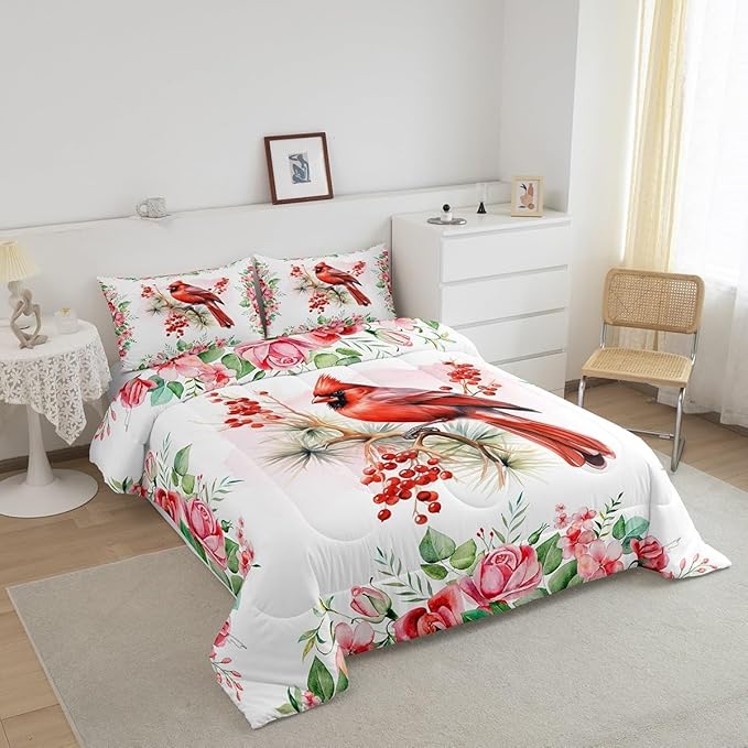 Christmas Bird Comforter Set Toddler Size,Watercolor Red Cardinal Berry Xmas Theme Bedding Set for Kids Girls Bedroom,Pink Floral Green Plant Painting Quilted Set with 1 Pillowcase, White