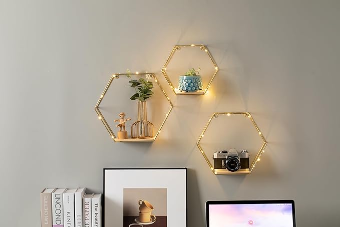 Large Size Golden Hexagon Shape Floating Shelves with LED Lights Wall Decor,Gold Metal Wire and Wood Base Wall Mounted Shelf Decorations for Home Bedroom Living Room - Set of 3