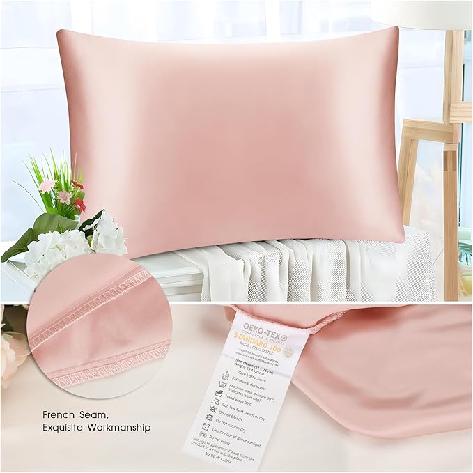 100% Mulberry Silk Pillowcase for Hair and Skin,Both Sides Natural Silk Bed Pillow Case with Hidden Zipper,19 Momme Grade 6A,1pc,Blush Pink,Standard Size 20x26 Inches