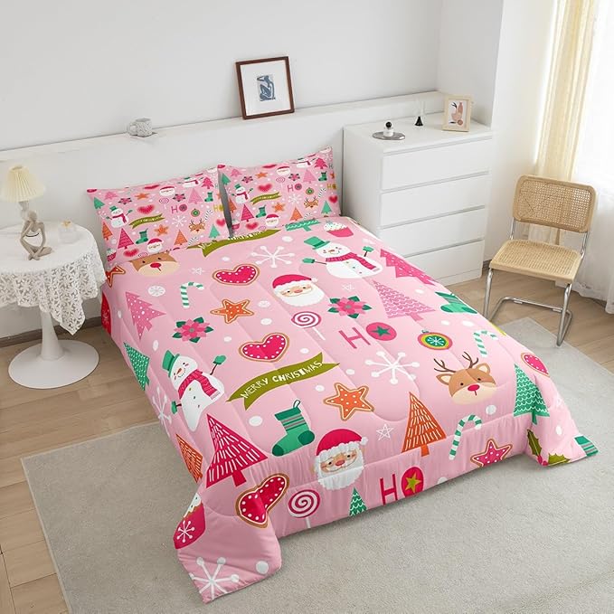 Merry Christmas Kids Comforter Set Full Size,Cute Santa Claus Snowman Deer Bedding Set,Boys Girls Adults Room Decor,Snowflake Christmas Trees Down Comforter,Pink Xmas Duvet Insert,2 Pillowcases