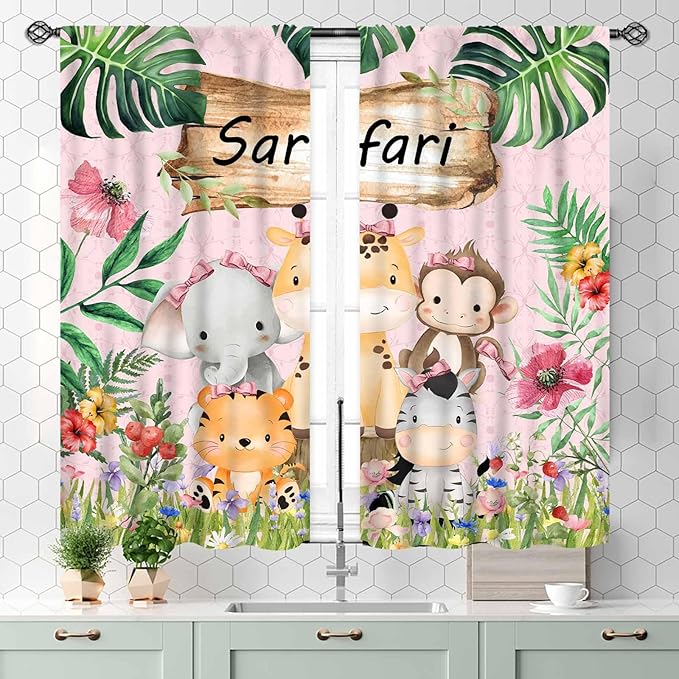 Kids Safari Animals Curtains, Cartoon Giraffe Elephant Monkey Woodland Jungle Tropical Leaf Pink Window Curtains for Boys Girls Baby Living Room Bedroom Nursery Classroom 2 Panels, 55x39 Inch