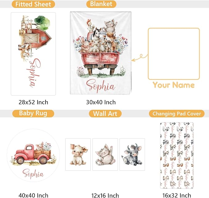 Custom Baby Crib Bedding Set, 5 Pcs Personalized Name Baby Crib Sets for Infant Toddler, Farm Animals Nursery Bedding Set for Boy Girl, Double Layer Flannel Baby Bedding Sets Customized Gifts