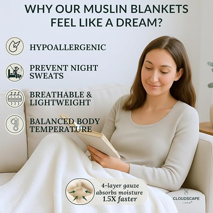 Cloud Scape Linen Extra Large 4 Layer Muslin Throw Blanket - 100% Cotton Gauze, Lightweight & Breathable All Season, Pre-Washed, for Couch & Bed, 50x70, White