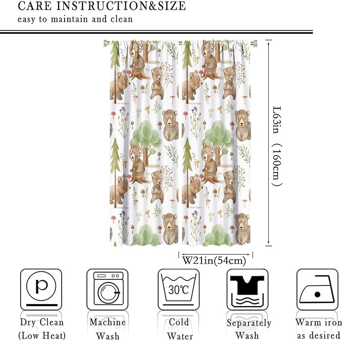 Forest Animal Curtains,Kids Home Bedroom Window Treatments, Cartoon Watercolor Bear Squirrel Woodland Animal Drapes 42x63in