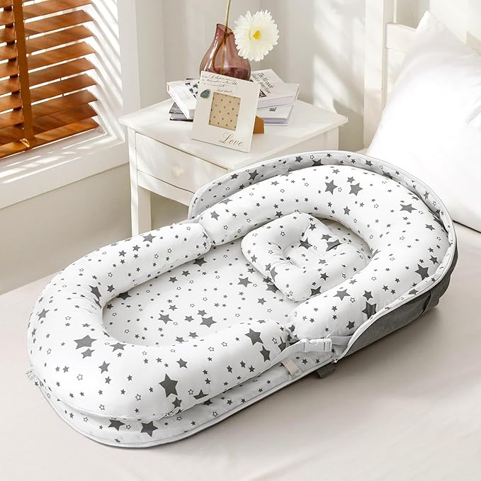 AmazingLife Baby Lounger, Newborn Lounger with Mosquito Net, Converts to a Backpack for Easy Carrying, Gifts for Babies Aged 0-12 Months, Star