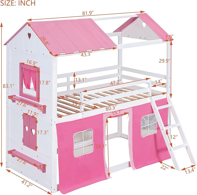 Twin Over Twin Pink Princess Castle Bunk Bed with Tent,Ladders and Guardrail, Solid Wood Playhouse House Floor Bunk Bed with Windows and Roof