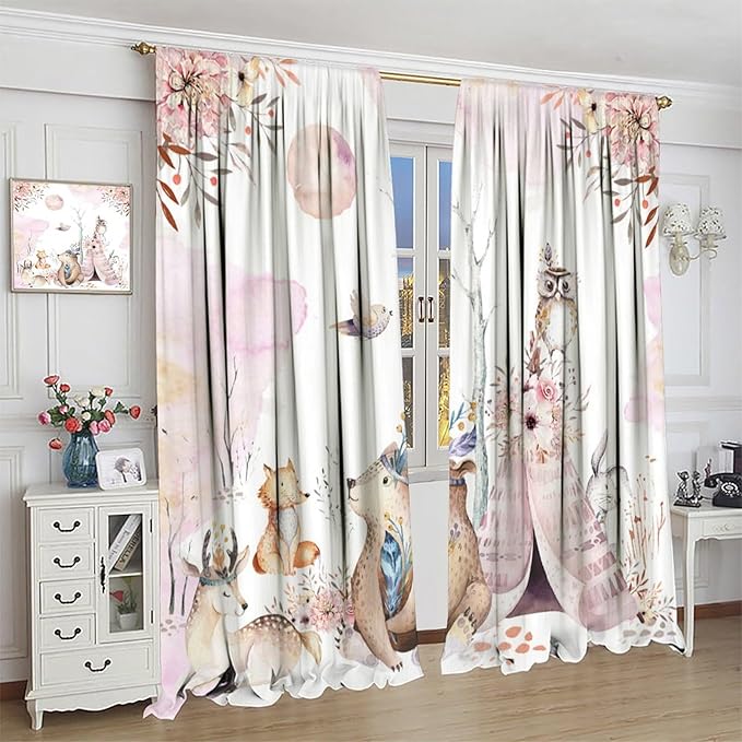 Forest Animal Curtains for Kids, Pink Watercolor Woodland Animal Window Treatments Fox Deer Owl Wildlife Safari Jungle Bear Window Drapes for Girls Nursery Toddler Bedroom 42x54in