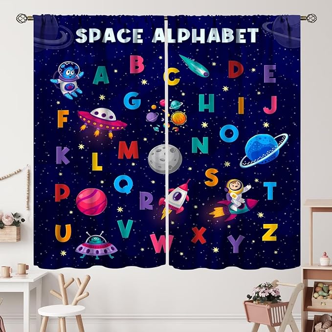 Alphabet Curtains Kids Outer Space Cartoon Universe Planet Educational Learning Curtain with Rod Pocket for Bedroom Nursery Decor Drapes Window Treatments 2 Panels Set 63" W X 72" L