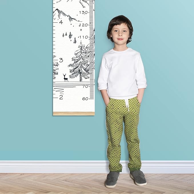 Personalized Kids Name Growth Chart Ruler for Wall Wood Frame Height Measure Chart 13.4x56 in Linen Hanging Height Growth Chart Winter Mountain Kids Room Decor