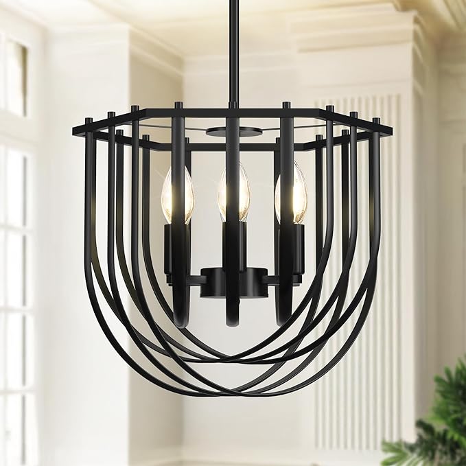 WJShome 6-Light Modern Farmhouse Chandelier, Black Dining Room Light Fixture, Hanging Pendant Lights Kitchen Island, Foyer Lighting Fixtures with Metal Frame, for Living Room, Bedroom, Entryway