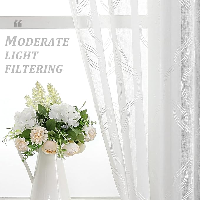 VISIONTEX Sheer Curtains 84 Inches Long 2 Panels Set, White Moroccan Embroidery Texture Geometric Rod Pocket White Voile Tulle Semi Window Treatment Pair for Bedroom, W54 x L84
