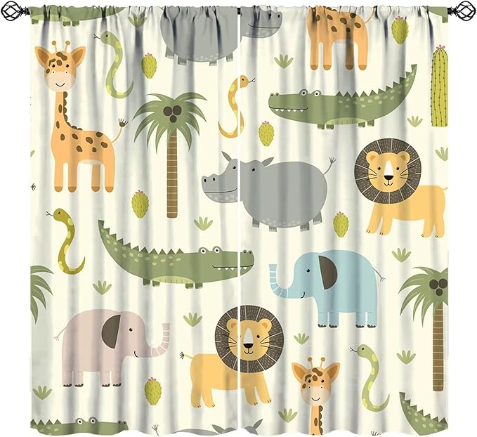 Cartoon Blackout Curtains Cute Jungle Forest Animals Tree Colorful Kids Baby Bedroom Nursery Living Room Decor Rod Pocket 2 Panels 52x84in