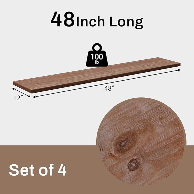 12x48 Inch Rustic Wood Floating Shelves 4-Pack - Farmhouse Brown Wall Shelves with 100 lbs Capacity, Easy Installation for Living Room, Kitchen, Bathroom (Brown, 4T48IN)