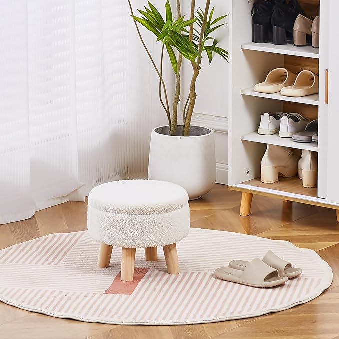 Wimarsbon Storage Ottoman, Modern Round Footrest with Soft Padded Seat, Teddy Velvet Footstool with Wood Legs, Accent Small Table or Plant Stand for Hallway, Living Room (Cream)