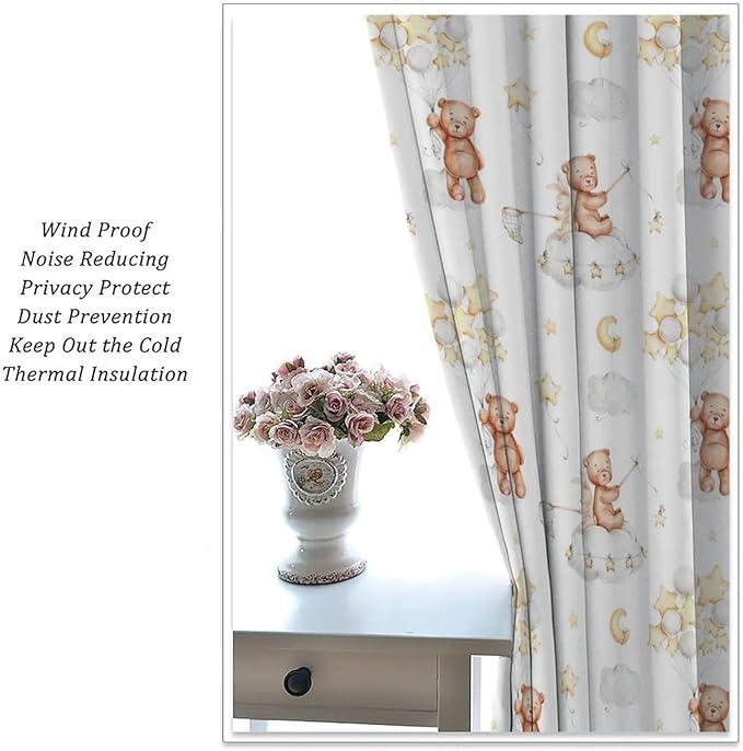 Cartoon Bear Curtains, Cute Lovely Bear Star Cloud Ballon Pastel Blackout Window Treatments, Rod Pocket Thermal Insulated Drapes 2 Panel Sets for Kids Bedroom Nursery Classroom, 42" W X 54" L