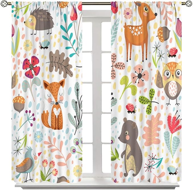 Jungle Animals Curtains, Cute Cartoon Animals Branches Blackout Window Treatments, Rod Pocket Thermal Insulated Drapes 2 Panel Sets for Kids Bedroom Nursery Classroom, 63" W X 63" L