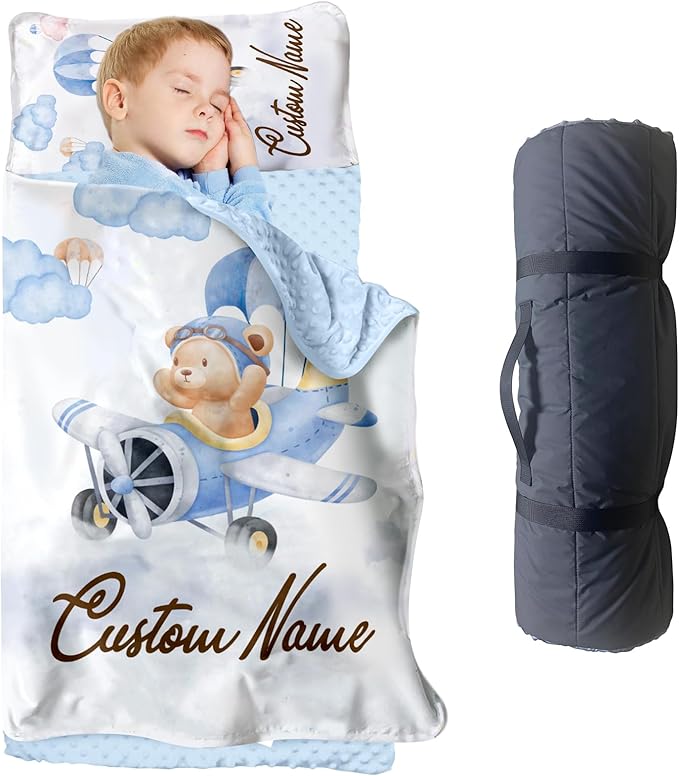 Personalized Toddler Nap Mats for Preschool, Custom Name Kids Sleeping Bag for Daycare, Roll Up Sleeping Mat with Removable Pillow and Soft Dot Minky Blanke for Boys Camping Travel