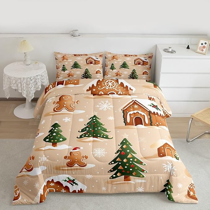 Feelyou Christmas Bedding Set Soft for Boys Girls, Gingerbread Man Comforter Set Queen Size Snowflake Duvet Quilt Microfiber Xmas Tree Bedroom Decor 3 Pcs with 2 Pillow Cases