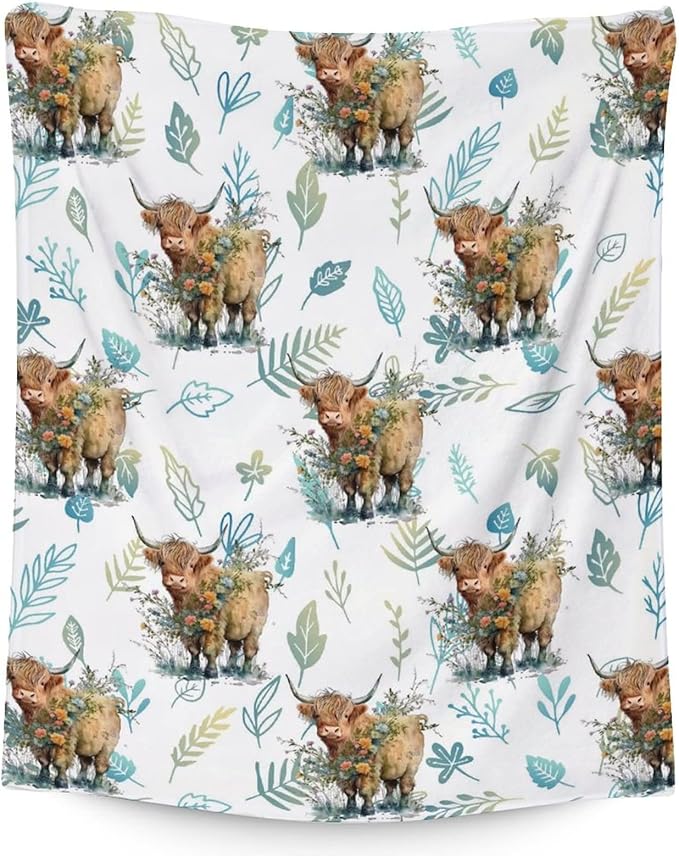 Highland Cow Blanket Gifts, 40x30 Inches Cute Throw Blanket for Women Girls, Green Soft Flannel Blankets Decor for Lap Chair Sofa Couch - Aesthetic Highland Cow Gift Idea