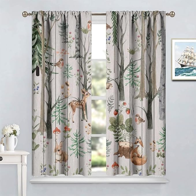 Forest Animal Curtains,Winter Dry Branches Pine Tree Moose Bear Animal Print Curtains for Children Boys and Girls Bedroom Living Room 84x84in