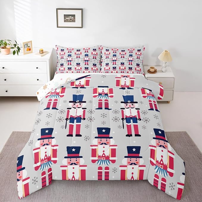 Feelyou Cute Nutcracker Comforter Set Full Size Christmas Ornaments Bedding Set for Kids Boys Girls Xmas Snowflake Duvet Quilt Soldier Bedroom Decor Kawaii Microfiber 3 Pcs with 2 Pillow Cases