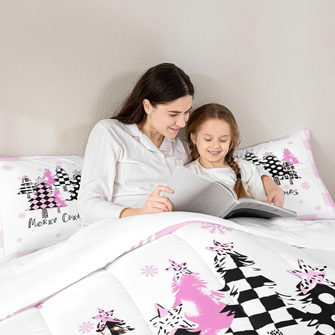 Manfei Xmas Trees Comforter Set Full Size, Pink Plaid Grid Snowflake Down Comforter with 2 Pillowcases, Christmas Theme Bedding Set 3pcs for Kids Girls Adults Room Decor New Year Duvet Insert