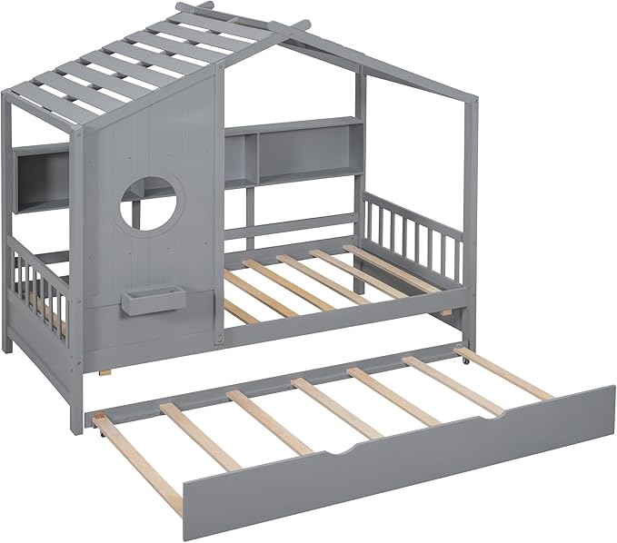 Harper & Bright Designs Twin Size Modern House Bed with Roof, Wooden Twin Kids House Bed Frame with Trundle and Storage Shelf, Gray