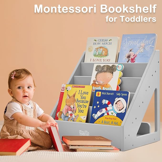 FUNLIO Montessori Bookshelf for Toddlers 1-5 Years, Front-Facing Kids Bookcase with Handle & Anti-Tilting Device, Premium Pine Baby Bookshelf, Children's Bookcase for Nursery/Classroom - Grey