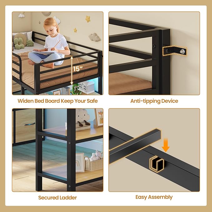 BTHFST Low Loft Bed Twin Size with 6 Storage Drawers, LED Lights, 2 Tier Storage Shelves, Kids Metal Loft Bed with 15" H Stairs & Safety Guardrail, Spave Saving, Black & Natural