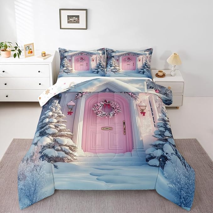 Feelyou Merry Christmas Kids Comforter Set King Size Winter Snowscape Bedding Set Pink Door Duvet Quilt for Kids Boys Girls Bedroom Garland Xmas Tree Decor Microfiber Ultra Soft Breathable