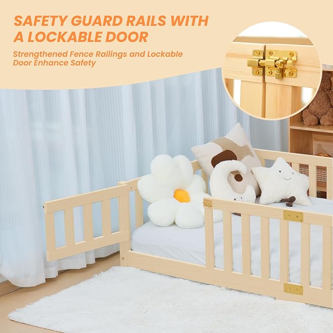 NAIZEA Twin Floor Bed for Kids-Twin Montessori Bed Frame with Wood Slats and Door and Slats, Wood Toddler Floor Beds for Girls and Boys, Natural
