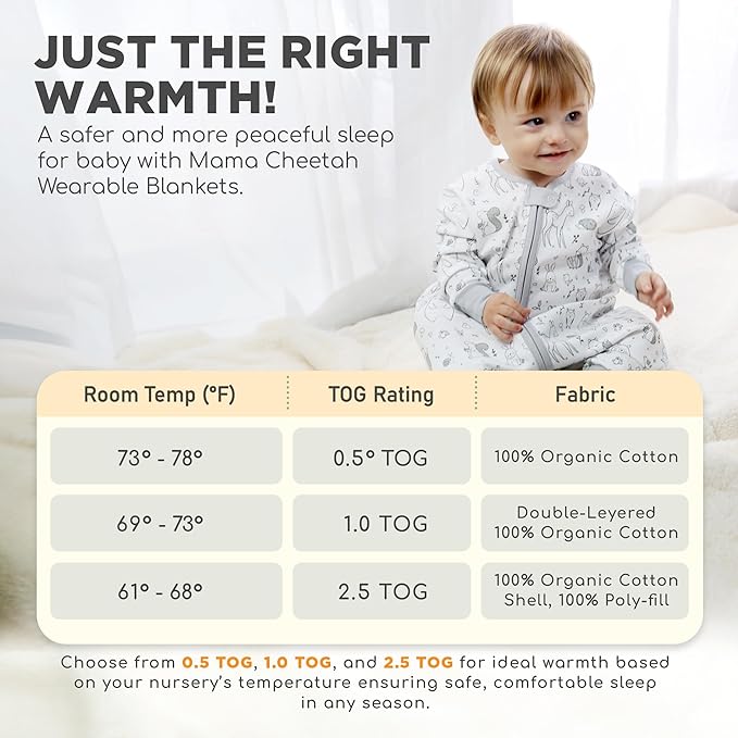 Mama Cheetah Toddler Sleep Sack with Feet, Long Sleeve 0.5 TOG Organic Cotton Baby Sleeping Bag with Legs, Wearable Blanket for Walkers w/ 2-Way Zipper, Toddler Blanket for Girls & Boys 4-5T