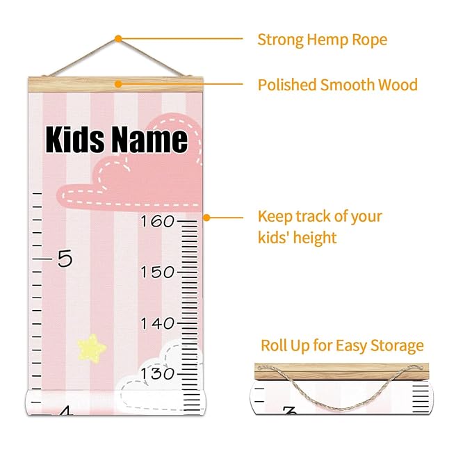 Personalized Kids Name Growth Chart Ruler for Wall Wood Frame Height Measure Chart 13.4x56 in Linen Hanging Height Growth Chart Cute Pink Kids Room Decor