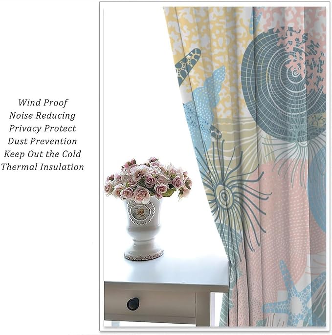 Nautical Blackout Curtain Beach Theme Starfish Seashell Nautical Rustic Ocean Sea Vintage Retro Coastal Summer Bedroom Set 2 Panels,63x72 Inches