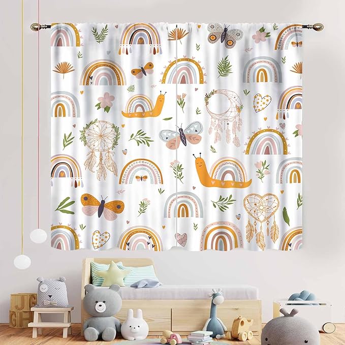 Boho Rainbow Curtains for Girls Bedroom, Bohemian Cute Lovely Butterfly Floral Rainbow Print Pastel Baby Kids Girls Bedroom Living Room Nursery Playroom Classroom Curtains for Windows, 42"x54" Inch