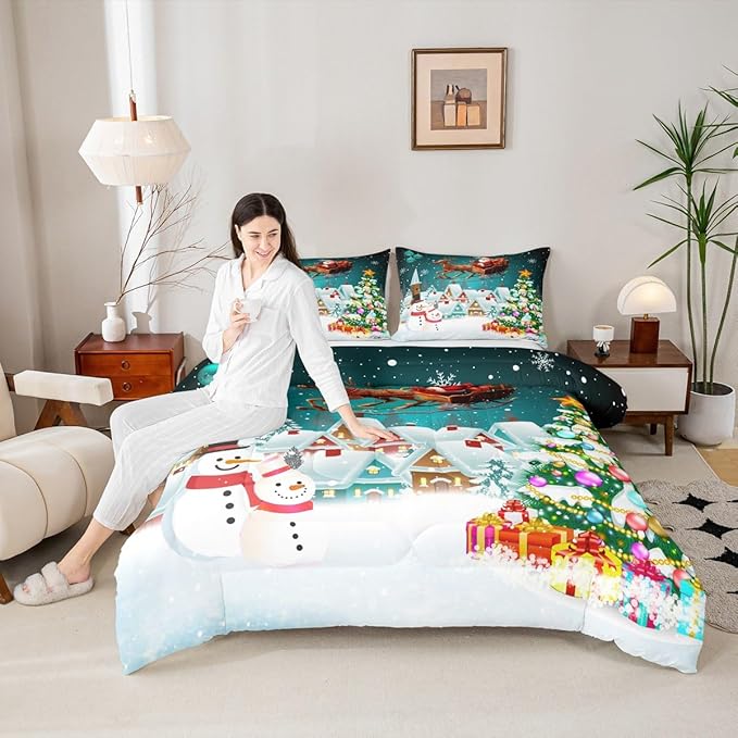Manfei Christmas Comforter Set Queen Size, Xmas Tree Snowman Bedding Set 3pcs for Kids Boys Girls Room Decor, Santa Claus with Reindeer Quilt Set New Year Theme Duvet Set with 2 Pillowcases