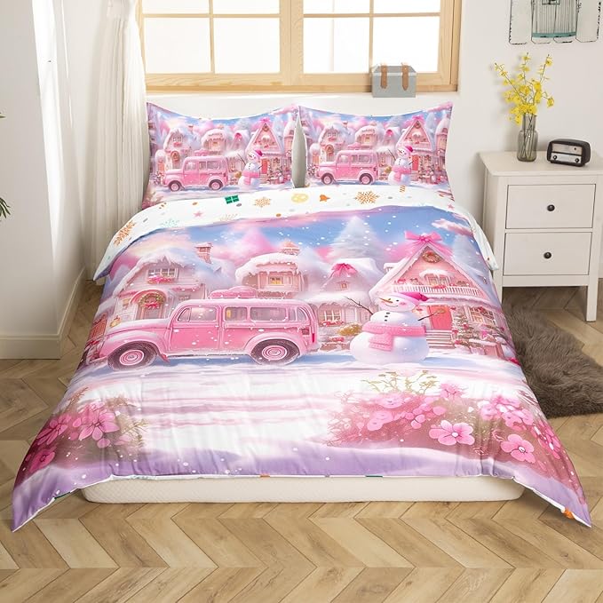 Manfei Christmas Duvet Cover Set King Size, Pink Truck Flower Snowman Bedding Set for Kids Girls Room Decor, New Year Theme Comforter Cover, Lightweight Bedspread Cover, 2 Pillowcases, No Comforter