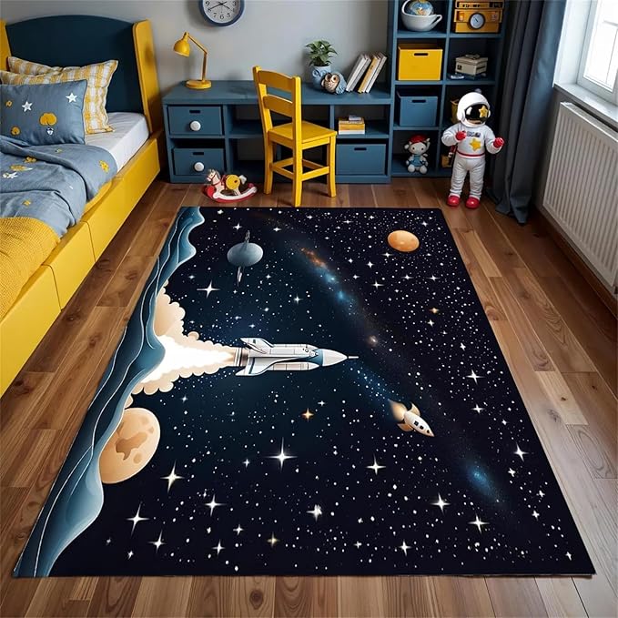 Space Children's Play Rug,6x8ft,Solar System Planet Rocket Play Mat Rug, Suitable for Boys and Girls, Home Decor,Educational Learning Play Area Rug,Suitable for Children's Bedroom Playroom