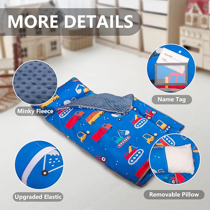 Primlect Thickened Toddler Nap Mat with Removable Pillow and Minky Blanket, Extra Large 55''x35'' Sleeping Bag, Washable, Roll up, Perfect for Daycare, Preschool, Kindergarten, Boys and Girls Blue Car