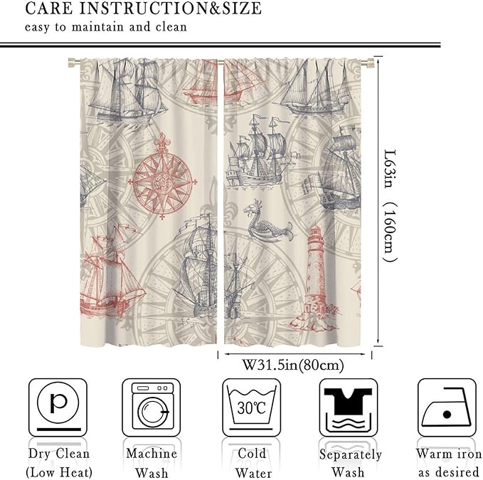 Abstract Nautical Curtain Set Seahorse Curtain for Kids Yellow Polyester Fabric Bedroom Curtain Set 2 Panels,63x63 Inches
