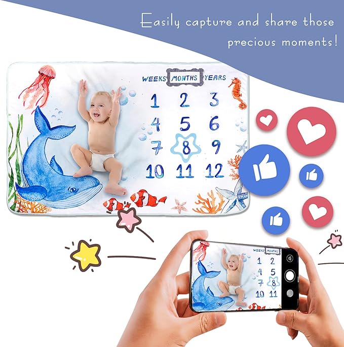Baby Milestone Blanket| Original Design Baby Monthly Milestone Blanket Boy Girl|Baby Photography Props Blanket| 60'x40' Ocean World