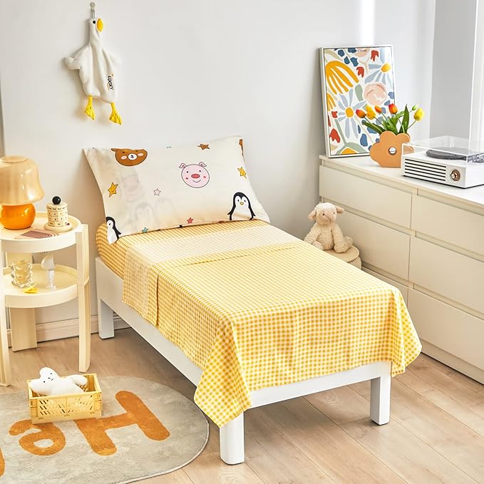 Flysheep 4 Piece Colorful Beige Toddler Bedding Set Happy Animals Printed for Baby Boys and Girls - Includes Quilted Comforter, Flat Sheet, Fitted Sheet & Pillow Case, Soft & Comfortable Microfiber
