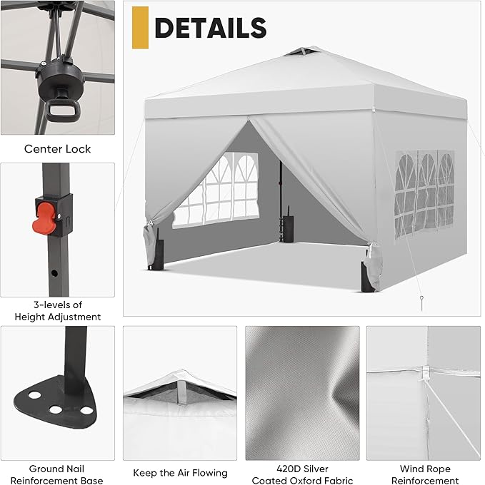 GDY 10x10 Pop Up Canopy Tent with 4 Sidewalls, Easy Set up with One Push Lift Outdoor Silver Coated Beach Gazebos, Carpas with 4 Sandbags, for Pool, Events, Parties, and Camping, White.